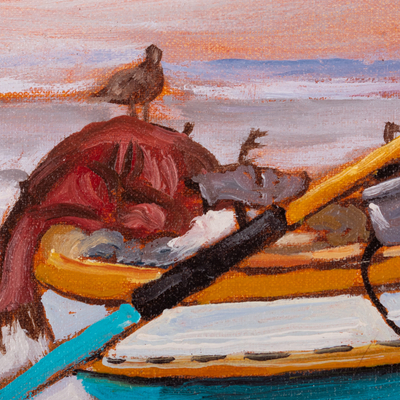 'Boat at Sunset I' - Pintura al óleo impresionista sin estirar de barco colorido