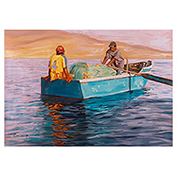 'Fishermen' (2023) - Pintura al óleo impresionista sin estirar de pescadores en el mar