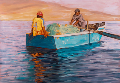 'Fishermen' (2023) - Unstretched Impressionist Oil Painting of Fishermen at Sea