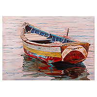 'Barco al atardecer II' (2023) - Pintura al óleo impresionista sin estirar de barco y mar