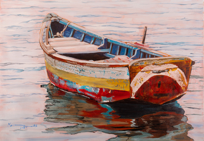 'Boat at Sunset II' (2023) - Unstretched Impressionist Oil Painting of Boat and Sea