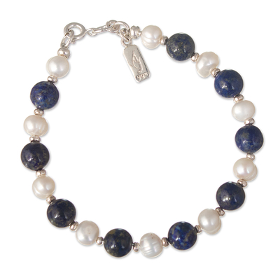 Pulsera de cuentas de perlas cultivadas y lapislázuli - Pulsera de Cuentas con Lapislázuli y Perlas Plateadas-Blancas