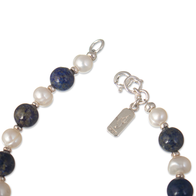 Pulsera de cuentas de perlas cultivadas y lapislázuli - Pulsera de Cuentas con Lapislázuli y Perlas Plateadas-Blancas
