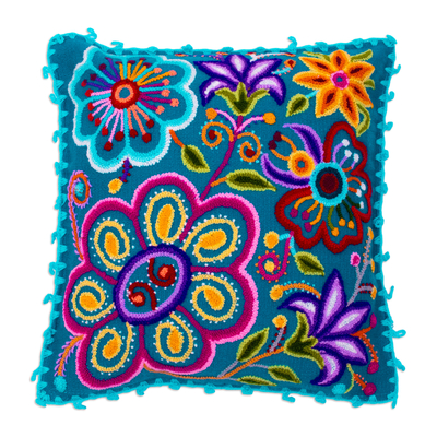Embroidered acrylic and alpaca blend cushion cover, 'Azure Botany' - Embroidered Acrylic and Alpaca Blend Cushion Cover in Azure