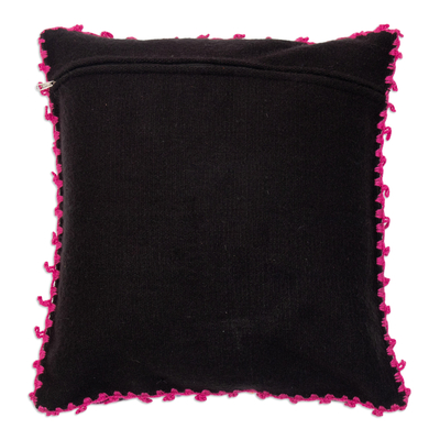 Embroidered acrylic and alpaca blend cushion cover, 'Onyx Botany' - Embroidered Acrylic and Alpaca Blend Cushion Cover in Onyx