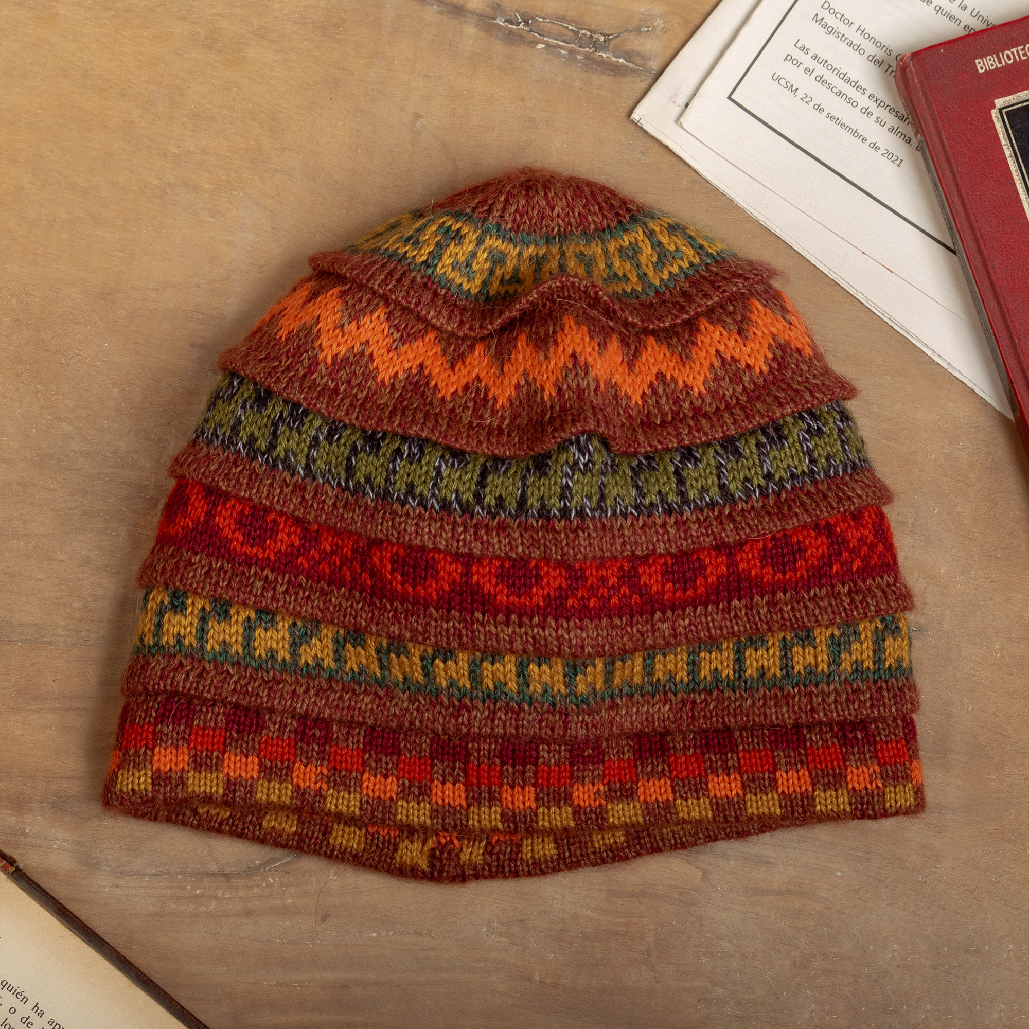 Warm-Toned Reversible Alpaca Blend Hat Handwoven in Peru