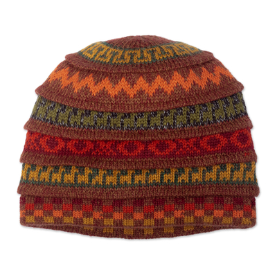 Reversible alpaca blend hat, 'Spontaneous Orange' - Warm-Toned Reversible Alpaca Blend Hat Handwoven in Peru