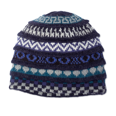 Reversible alpaca blend hat, 'Spontaneous Indigo' - Cool-Toned Reversible Alpaca Blend Hat Handwoven in Peru