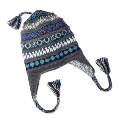 Wendbare Chullo-Mütze aus Alpaka-Mischung - Handgewebter wendbarer Chullo-Hut aus grauer und weißer Alpakamischung