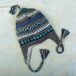 Reversible alpaca blend chullo hat, 'Snowy Adventure' - Handwoven Reversible Grey and White Alpaca Blend Chullo Hat