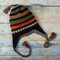 Sombrero chullo reversible de mezcla de alpaca, 'Aventura Nocturna' - Sombrero Chullo reversible de mezcla de alpaca negra y gris tejido a mano