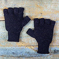 100% baby alpaca fingerless gloves, 'Indigo Stitches' - Knit Indigo 100% Baby Alpaca Fingerless Gloves from Peru