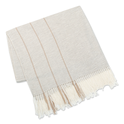 Cotton throw, 'Ivory Affection' - Handwoven Striped Ivory and Mushroom Cotton Throw