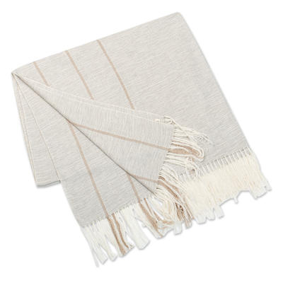 Cotton throw, 'Ivory Affection' - Handwoven Striped Ivory and Mushroom Cotton Throw