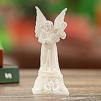 Alabaster sculpture, 'Celestial Music' - Handcrafted Natural Alabaster Sculpture of an Angel Musician