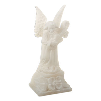 Alabaster sculpture, 'Celestial Music' - Handcrafted Natural Alabaster Sculpture of an Angel Musician