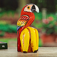 Wood sculpture, ‘Feathered Eden’ - Hand-Painted Balsa Wood Sculpture of Red Macaw