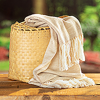 Cotton throw, 'Beige Affection' - Handwoven Striped Alabaster and Wheat Cotton Throw