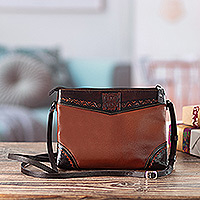 Leather sling bag, 'Tiwanaku Trends' - Handcrafted Tiwanaku-Inspired Brown Leather Sling Bag