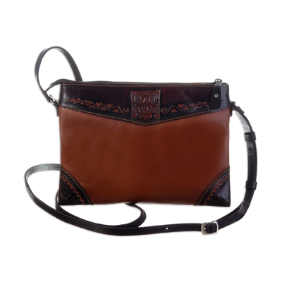 Leather sling bag, 'Tiwanaku Trends' - Handcrafted Tiwanaku-Inspired Brown Leather Sling Bag