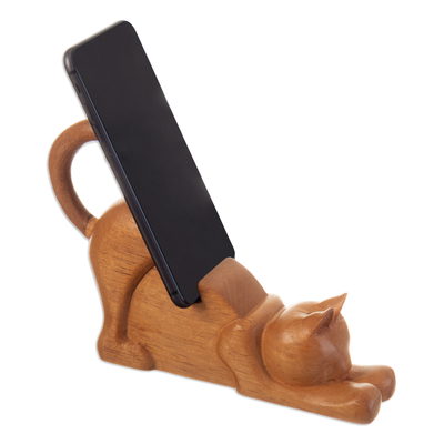 Wood phone holder, 'Convenient Cunning' - Cat-Themed Hand-Carved Cedar Wood Phone Holder from Peru