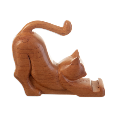 Soporte para teléfono de madera - Soporte para teléfono de madera de cedro hecho a mano con tema de gato de Perú