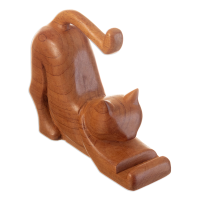 Soporte para teléfono de madera - Soporte para teléfono de madera de cedro hecho a mano con tema de gato de Perú