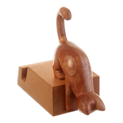 Soporte para teléfono de madera - Soporte para teléfono de madera de cedro marrón con diseño de gato tallado a mano