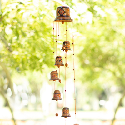 Ceramic wind chime, 'Sounds of the Andes' - Inca-Themed Ceramic Bell Wind Chime Made & Painted by Hand