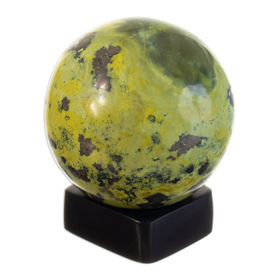 Serpentine sphere, 'Meditative Whisper' - Modern Natural Serpentine Gemstone Sculpture with Onyx Base