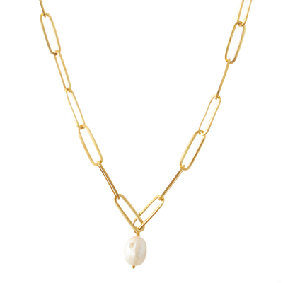 Cultured pearl pendant necklace, 'Prosperity Links' - Polished 18k Gold-Plated Pendant Necklace with White Pearl