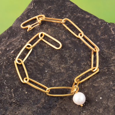 pulsera con charm de perlas cultivadas - Pulsera con dijes pulida enchapada en oro de 18k con perla blanca