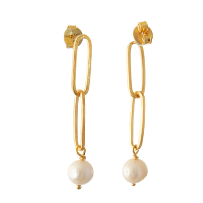 Cultured pearl dangle earrings, 'Prosperity Links' - Polished 18k Gold-Plated Dangle Earrings with Cream Pearls