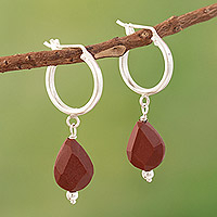 Jasper hoop earrings, 'Red Delight' - Sterling Silver Hoop Earrings with Dangling Jasper Stone