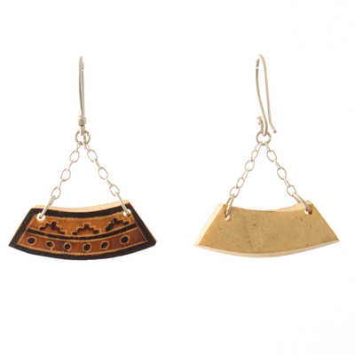 Mate gourd dangle earrings, 'Trendy Petite Trapeze' - Mate Gourd & Sterling Silver Dangle Earrings with Inca Motif