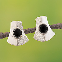 Onyx button earrings, 'Double Energies' - Modern Textured and Polished Onyx Button Earrings