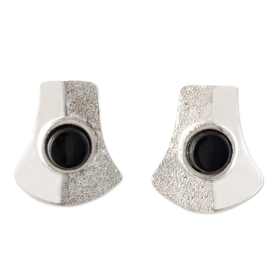 Onyx button earrings, 'Double Energies' - Modern Textured and Polished Onyx Button Earrings