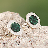 Chrysocolla button earrings, 'Intuition Core' - Round Sterling Silver Button Earrings with Chrysocolla Gems
