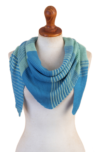 Cotton blend scarf, 'Spectacular Sea' - Blue & Aqua Cotton Blend Scarf Hand-Knit in Triangle Shape