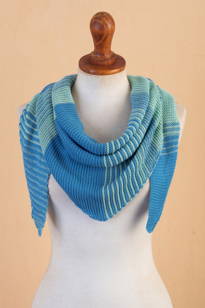 Cotton blend scarf, 'Spectacular Sea' - Blue & Aqua Cotton Blend Scarf Hand-Knit in Triangle Shape