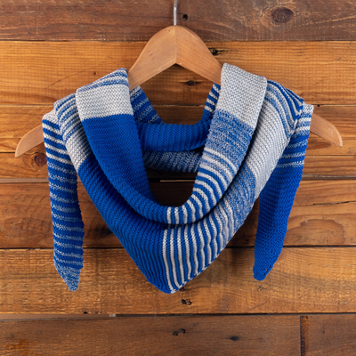 Bufanda de mezcla de algodón - Bufanda de mezcla de algodón azul y gris tejida a mano en forma de triángulo