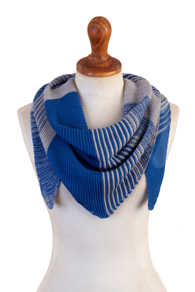 Blue & Grey Cotton Blend Scarf Hand-Knit in Triangle Shape, 'Spectacular  Sky'