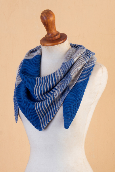 Bufanda de mezcla de algodón - Bufanda de mezcla de algodón azul y gris tejida a mano en forma de triángulo