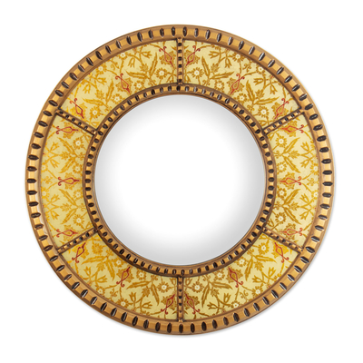 Reverse-painted glass wall mirror, 'Radiant Clarity' - Round Floral Warm-Toned Reverse-Painted Glass Wall Mirror