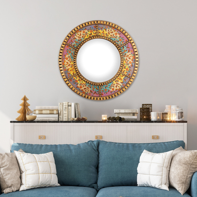 Wandspiegel aus rückseitig bemaltem Glas, „Primaveral“ – runder, farbenfroher Wandspiegel aus rückseitig bemaltem Glas mit Blumenmuster
