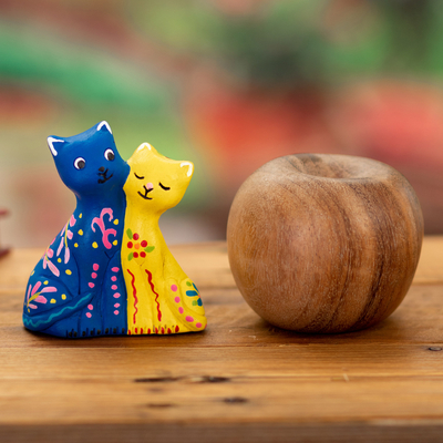 Ceramic figurine, 'Feline Romance' - Handcrafted Blue and Yellow Cat-Themed Ceramic Figurine
