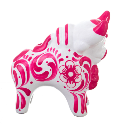 Ceramic sculpture, 'Pucara's Pink Protector' - Traditional Floral Pink Ceramic Bull Sculpture from Pucara