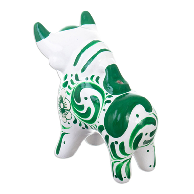 Ceramic sculpture, 'Pucara's Green Protector' - Traditional Floral Green Ceramic Bull Sculpture from Pucara