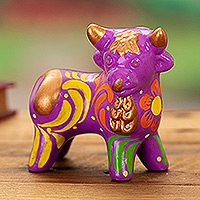 Ceramic sculpture, 'Harmonious Horns in Purple' - Andean Floral Ceramic Bull Sculpture in a Purple Base Hue