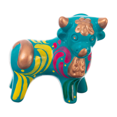 Andean Floral Ceramic Bull Sculpture in a Turquoise Base Hue